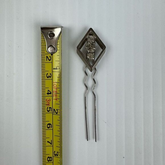 Vintage Hair Pin Diamond Shape Silver Tone Rhinestones Bobby Pin Wedding - Picture 4 of 7